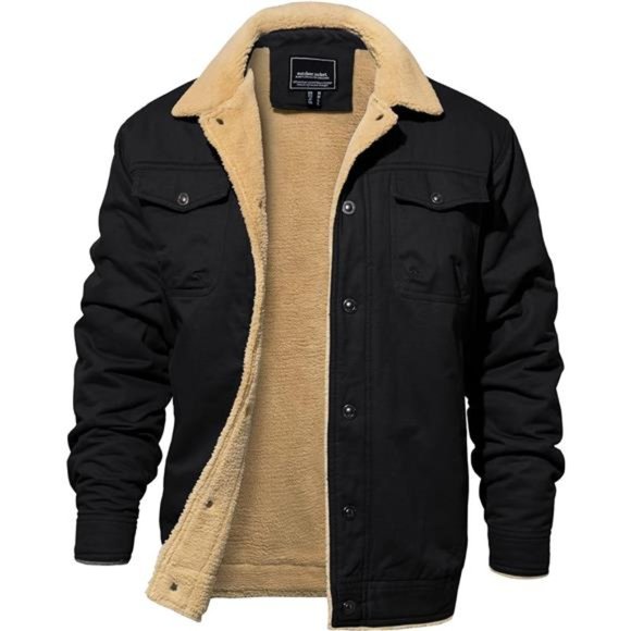 Men's Jacket Thick Thermal Winter Fleece Lined Lapel Cargo Jacket Black